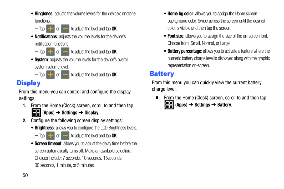 Samsung SM-V7000ZKAXAR user manual Apps Settings Display, Apps Settings Battery 