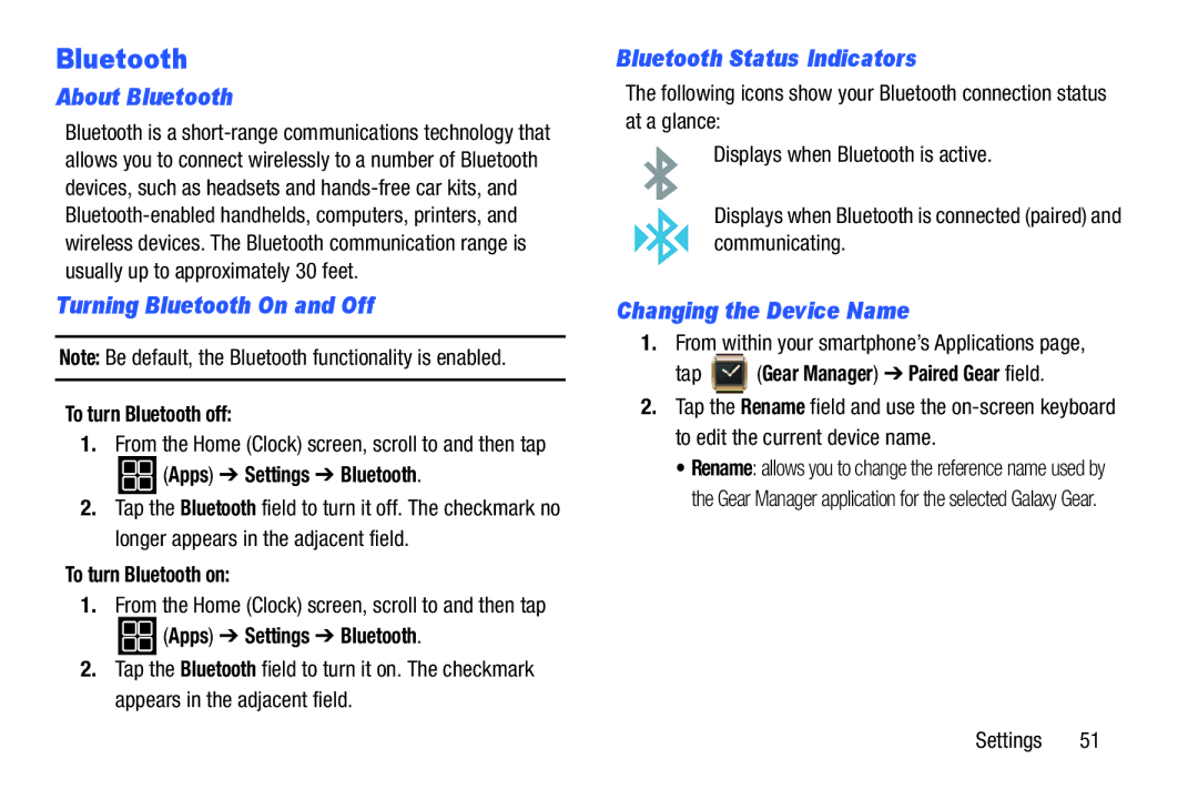 Samsung SM-V7000ZKAXAR user manual About Bluetooth, Turning Bluetooth On and Off, Bluetooth Status Indicators 