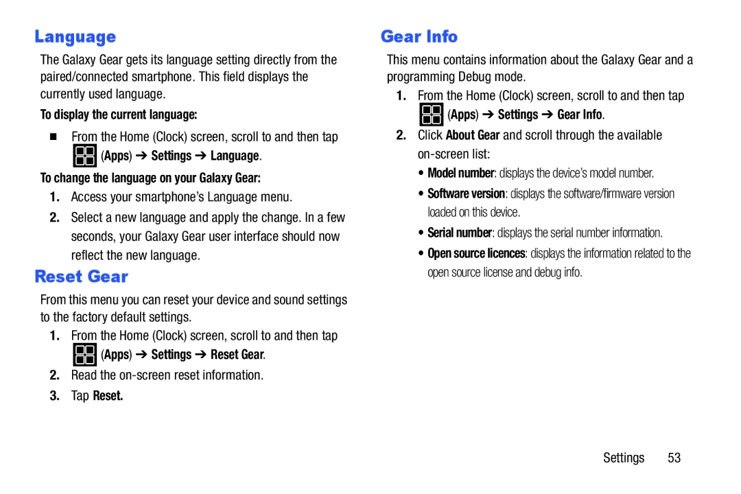 Samsung SM-V7000ZKAXAR user manual Language, Reset Gear, Gear Info 