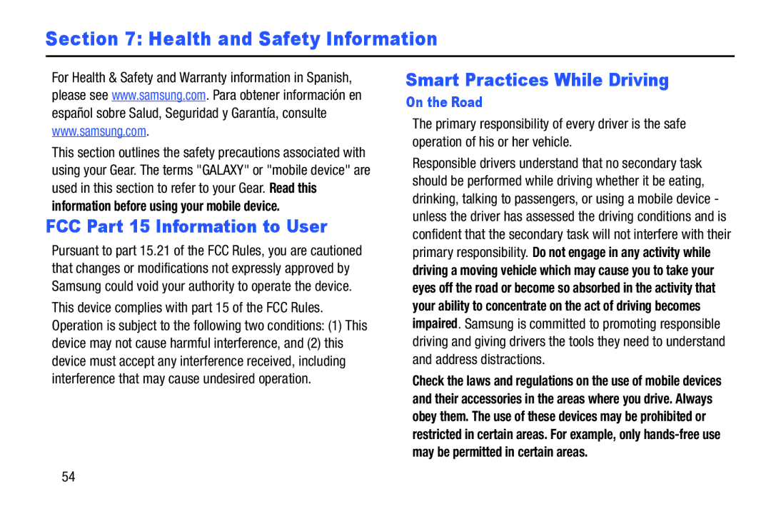 Samsung SM-V7000ZKAXAR Health and Safety Information, FCC Part 15 Information to User, Smart Practices While Driving 