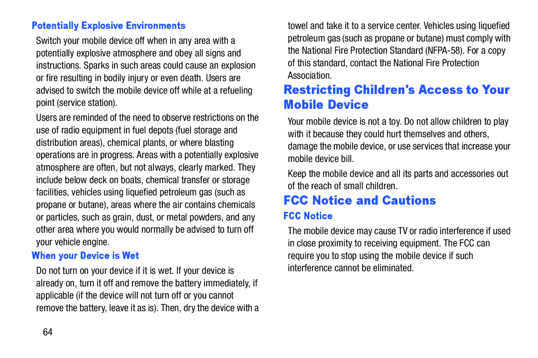 Samsung SM-V7000ZKAXAR user manual Restricting Childrens Access to Your Mobile Device, FCC Notice and Cautions 