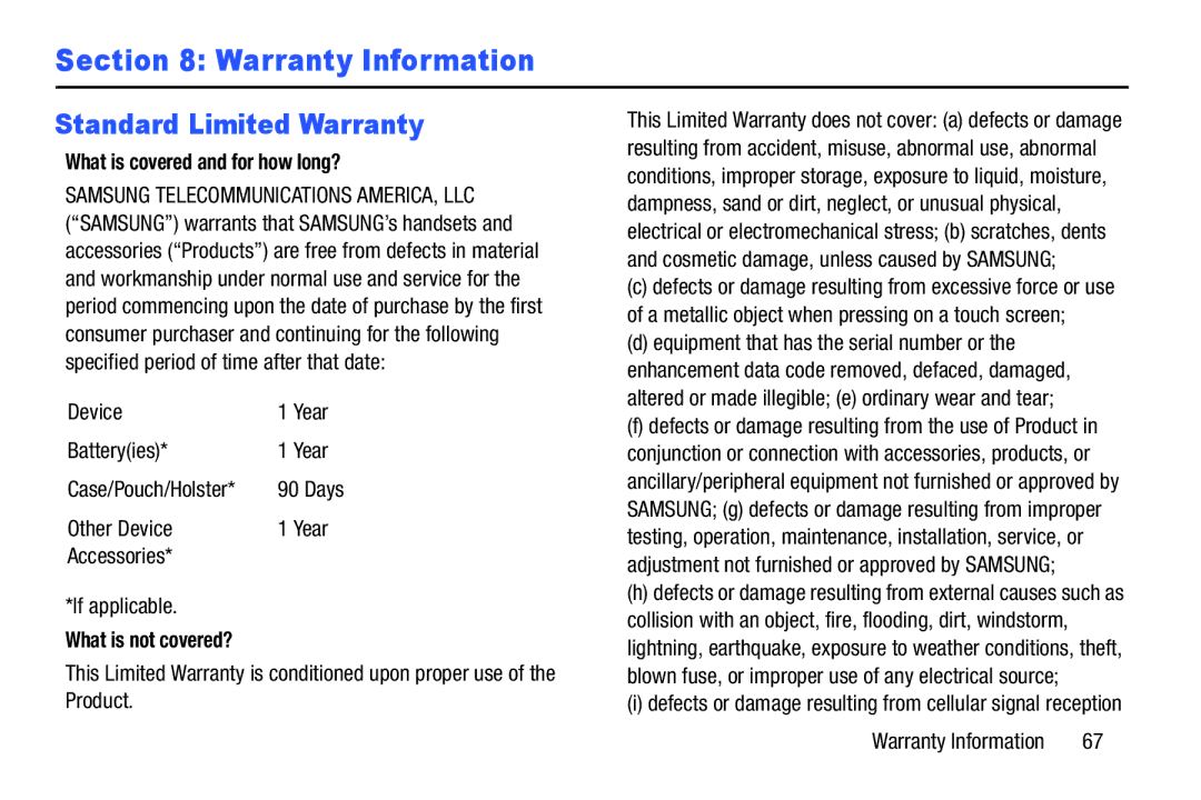 Samsung SM-V7000ZKAXAR user manual Warranty Information, Standard Limited Warranty, What is covered and for how long? 