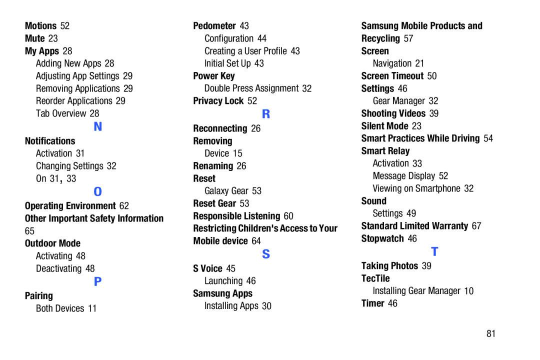 Samsung SM-V7000ZKAXAR Motions Mute My Apps, Notifications, Operating Environment, Outdoor Mode, Pairing, Pedometer, Voice 