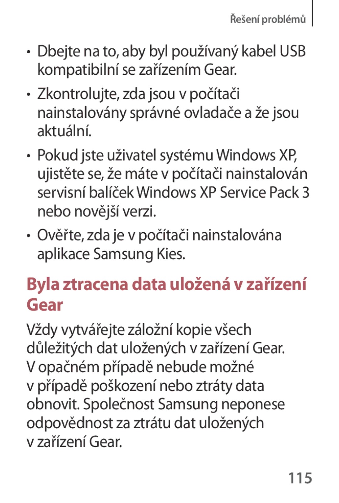 Samsung SM-V7000ZOAAUT, SM-V7000ZKAXEO, SM-V7000ZKAEUR, SM-V7000ZKAATO, SM-V7000ZKAAUT, SM-V7000ZKABGL manual Zařízení Gear, 115 