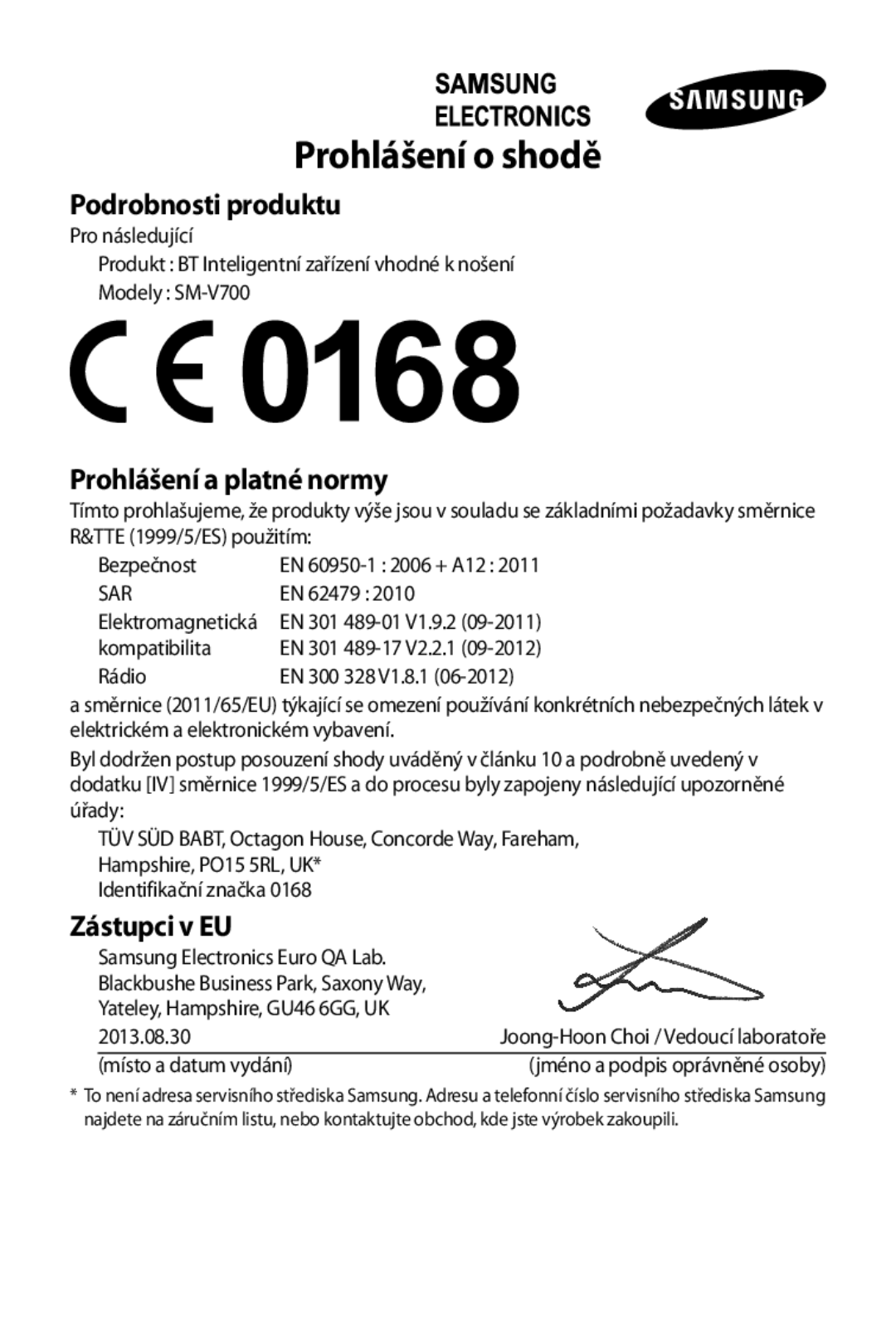 Samsung SM-V7000WDAXSK, SM-V7000ZKAXEO, SM-V7000ZKAEUR, SM-V7000ZKAATO, SM-V7000ZKAAUT, SM-V7000ZKABGL manual Prohlášení o shodě 