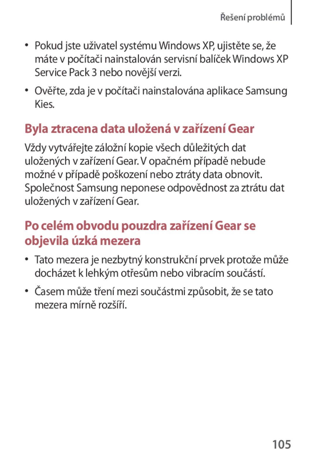 Samsung SM-V7000ZKAEUR, SM-V7000ZKAXEO, SM-V7000ZKAATO, SM-V7000ZKAAUT manual Byla ztracena data uložená v zařízení Gear, 105 