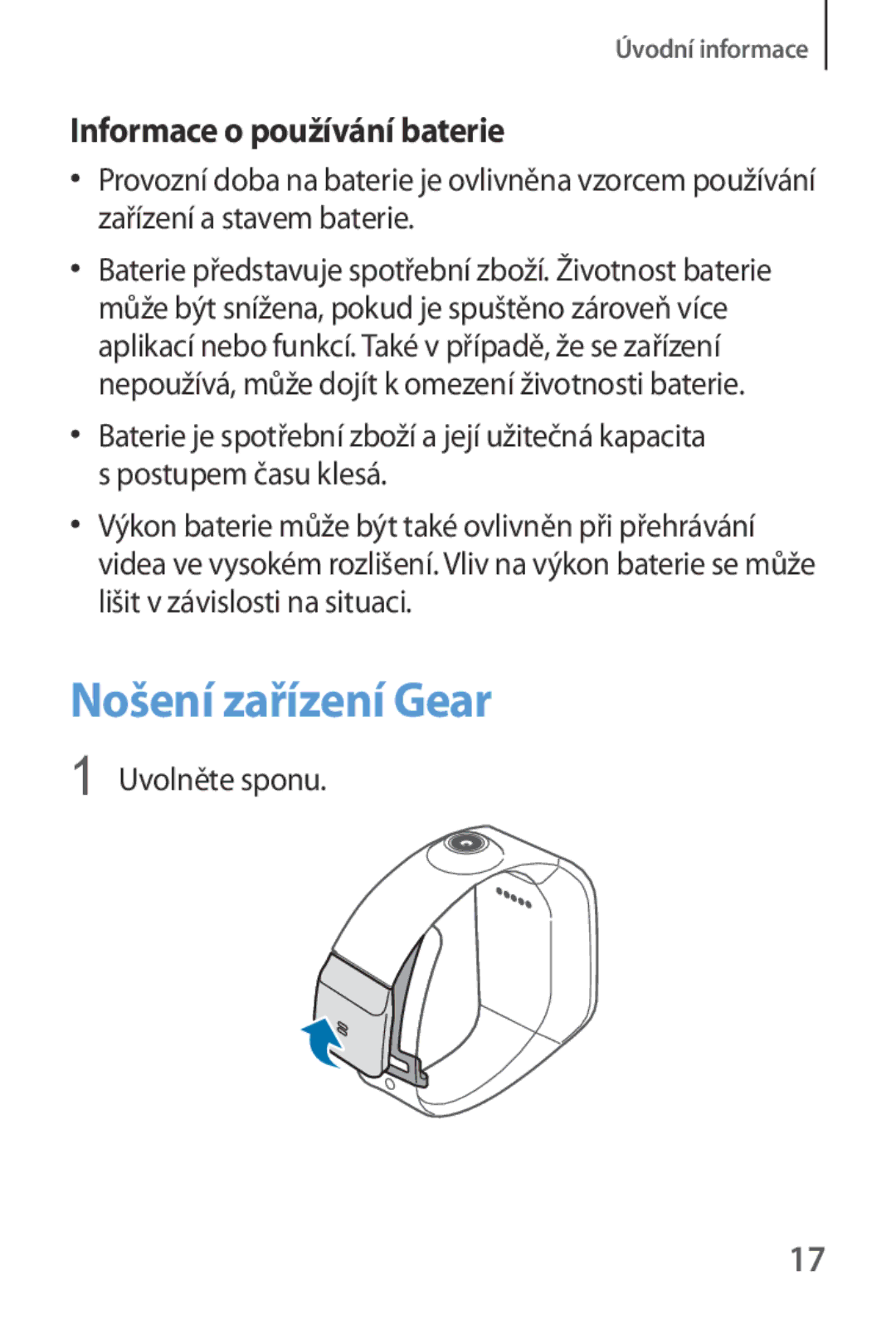 Samsung SM-V7000ZOAXSK, SM-V7000ZKAXEO, SM-V7000ZKAEUR Nošení zařízení Gear, Informace o používání baterie, Uvolněte sponu 