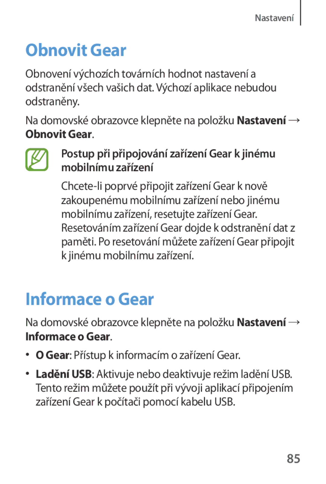 Samsung SM-V7000ZKAXSK, SM-V7000ZKAXEO manual Obnovit Gear, Informace o Gear, Gear Přístup k informacím o zařízení Gear 