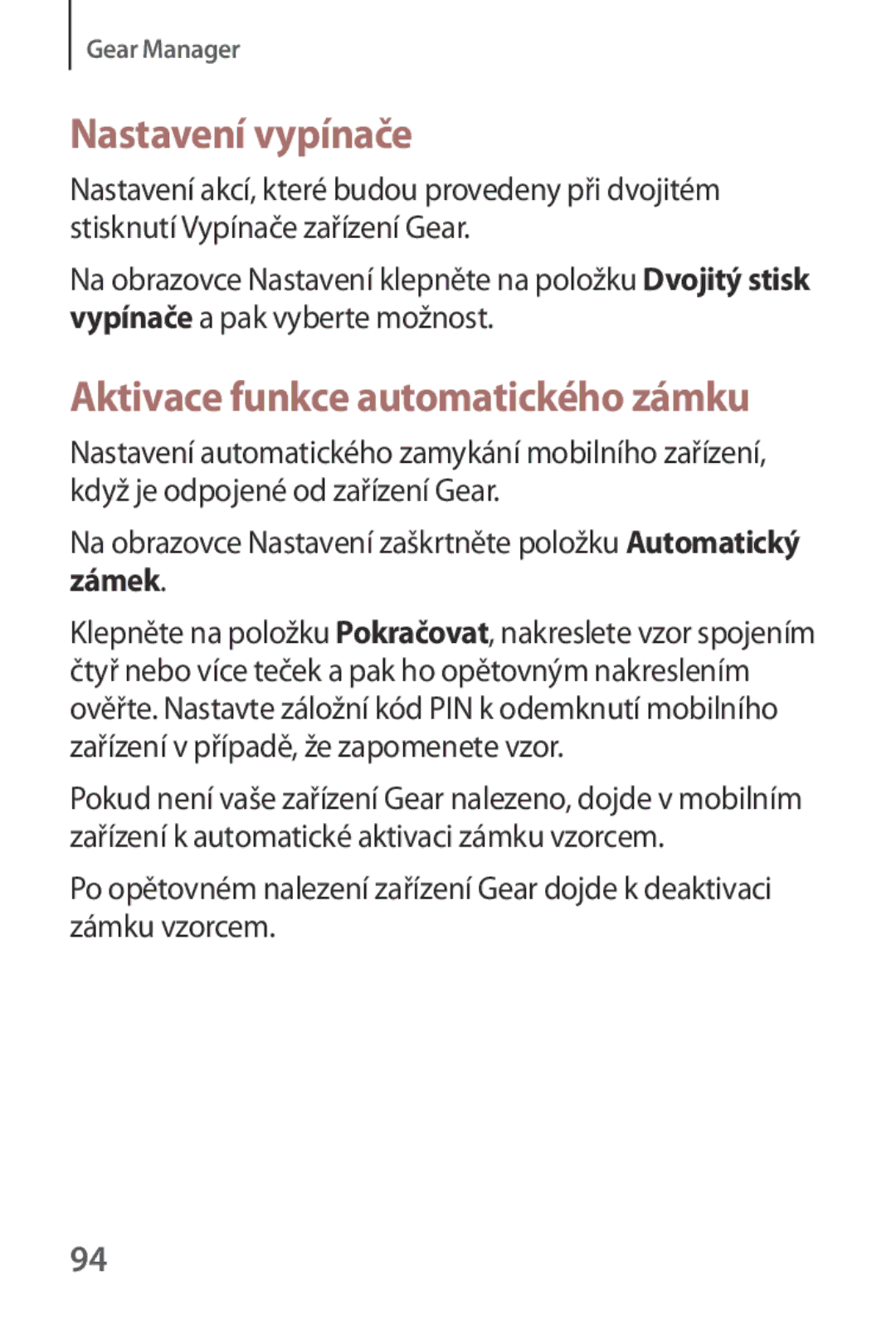 Samsung SM-V7000ZGAATO, SM-V7000ZKAXEO, SM-V7000ZKAEUR manual Nastavení vypínače, Aktivace funkce automatického zámku 