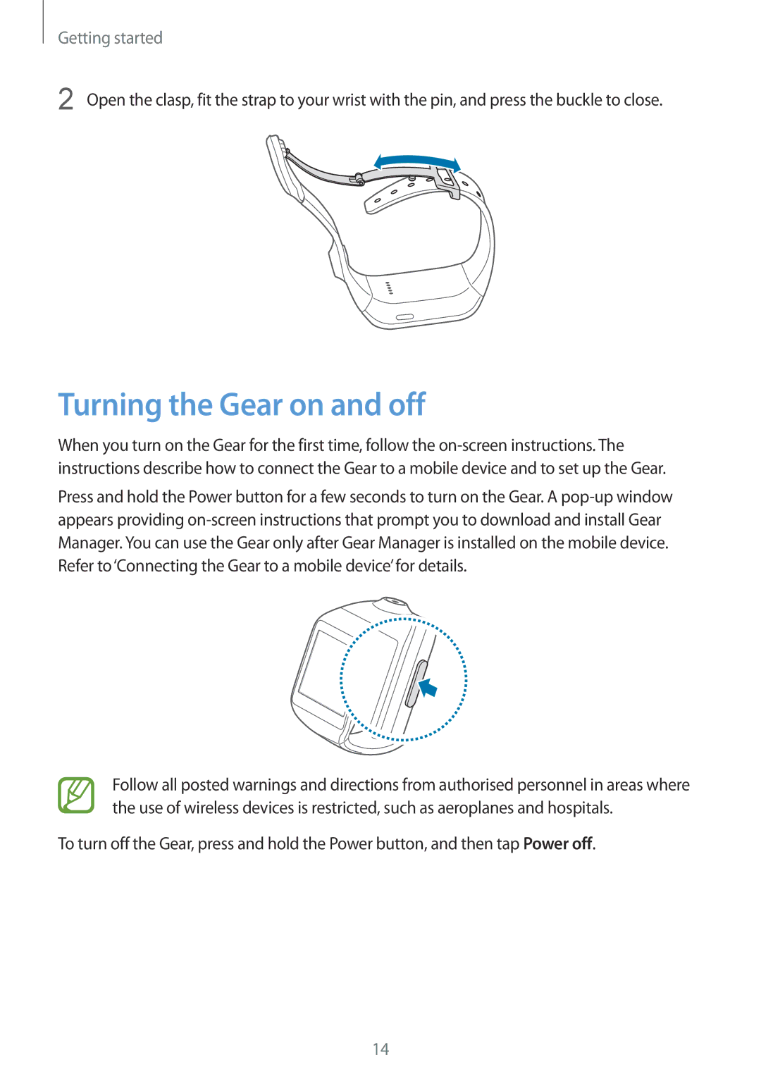 Samsung SM-V7000ZGATUR, SM-V7000ZOATUR, SM-V7000ZAADBT, SM-V7000ZWADBT, SM-V7000ZGADBT manual Turning the Gear on and off 