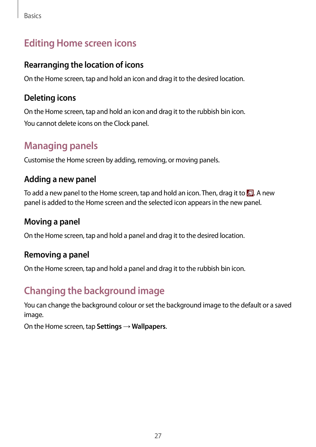 Samsung SM-V7000ZKAXEF, SM-V7000ZOATUR manual Editing Home screen icons, Managing panels, Changing the background image 
