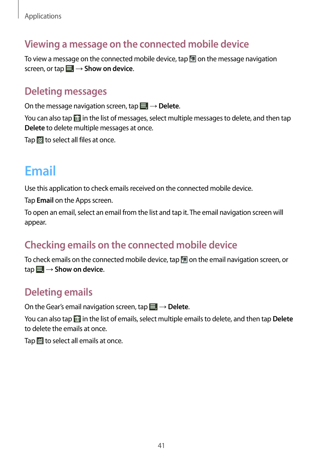 Samsung SM-V7000ZGAPHE manual Viewing a message on the connected mobile device, Deleting messages, Deleting emails 