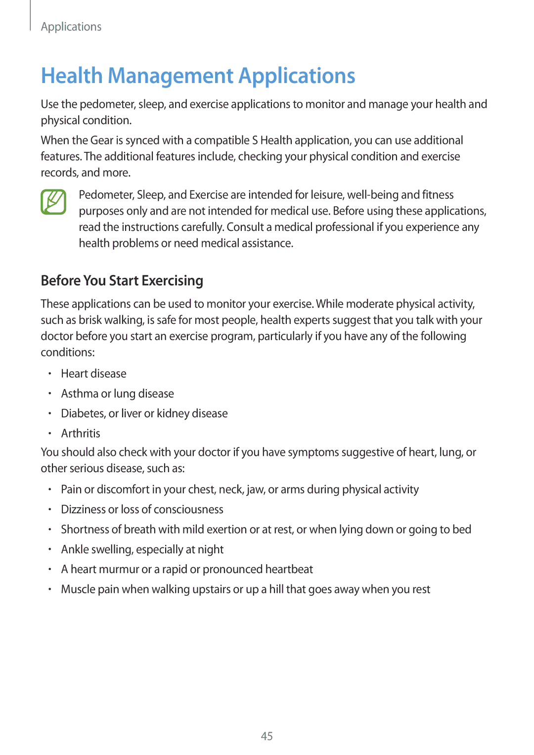 Samsung SM-V7000ZWATMC, SM-V7000ZOATUR, SM-V7000ZAADBT manual Health Management Applications, Before You Start Exercising 