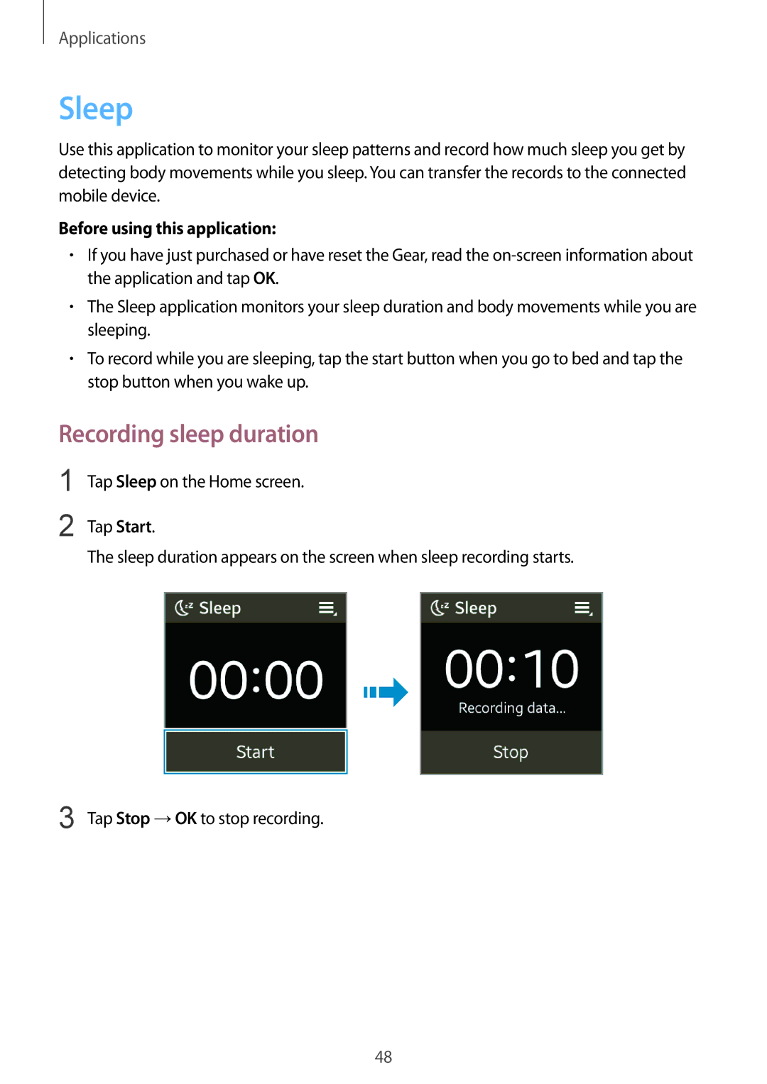 Samsung SM-V7000ZOATMC, SM-V7000ZOATUR, SM-V7000ZAADBT, SM-V7000ZWADBT, SM-V7000ZGADBT manual Sleep, Recording sleep duration 