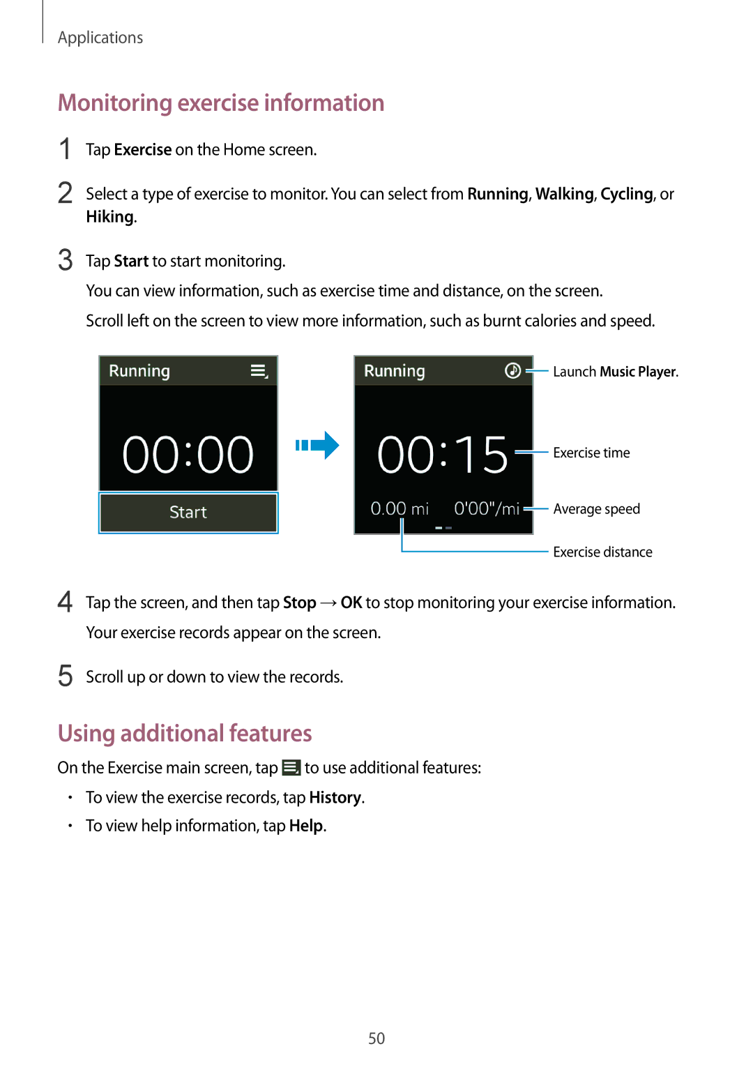 Samsung SM-V7000ZAAXXV, SM-V7000ZOATUR, SM-V7000ZAADBT, SM-V7000ZWADBT manual Monitoring exercise information, Hiking 