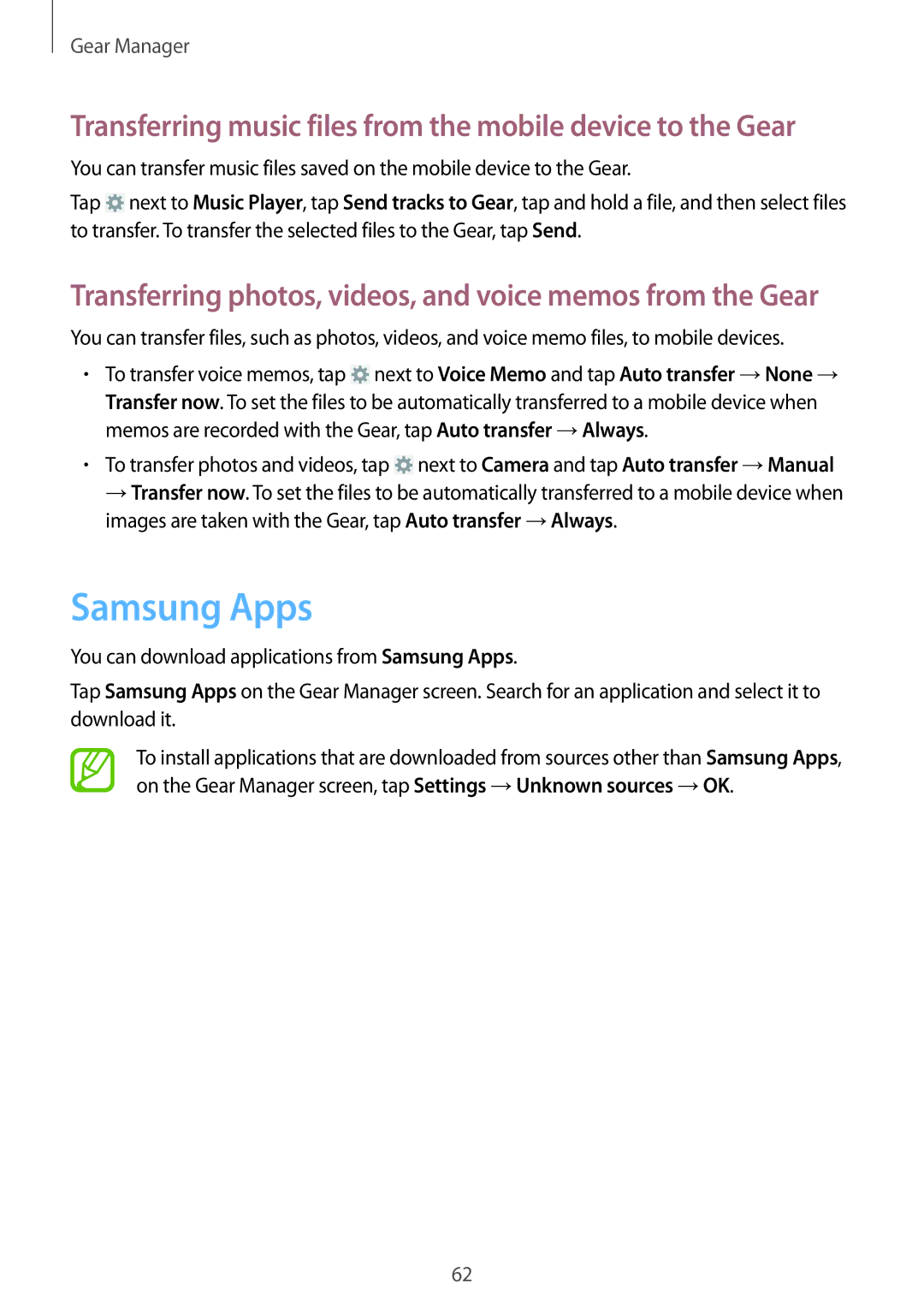 Samsung SM-V7000ZOAATO, SM-V7000ZOATUR manual Samsung Apps, Transferring music files from the mobile device to the Gear 