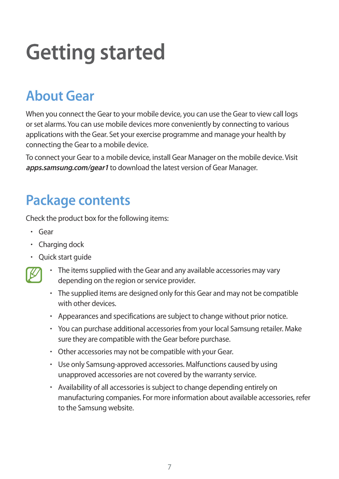 Samsung SM-V7000WDATUR, SM-V7000ZOATUR, SM-V7000ZAADBT, SM-V7000ZWADBT manual Getting started, About Gear, Package contents 