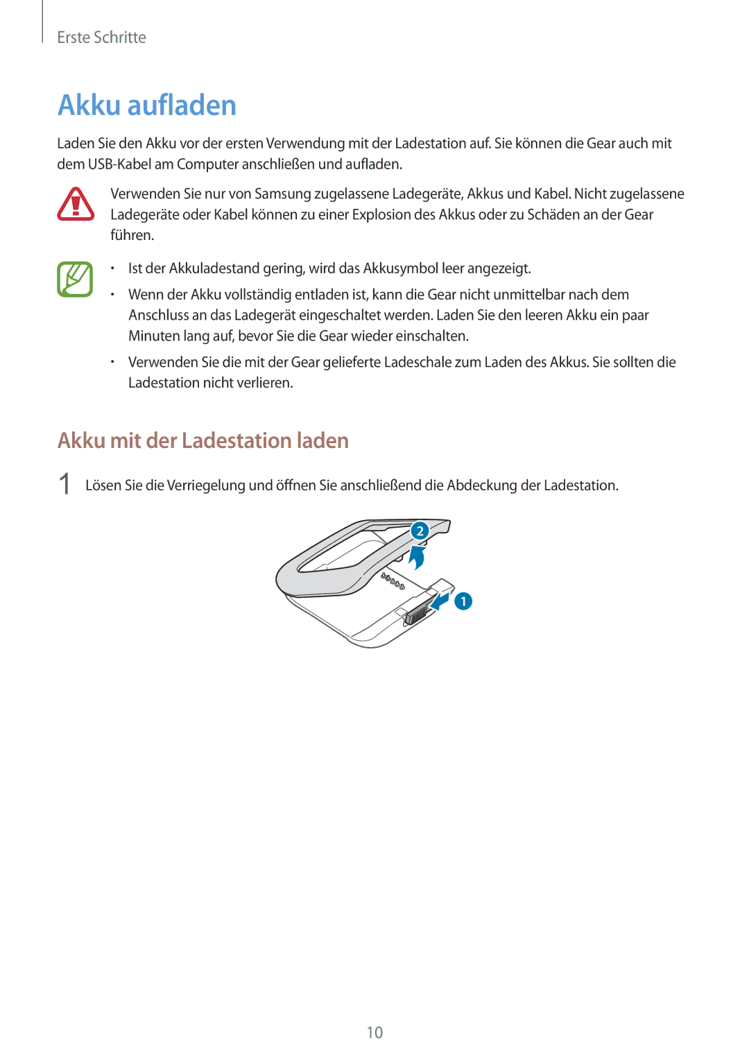 Samsung SM-V7000ZAAITV, SM-V7000ZOATUR, SM-V7000ZAADBT, SM-V7000ZWADBT manual Akku aufladen, Akku mit der Ladestation laden 