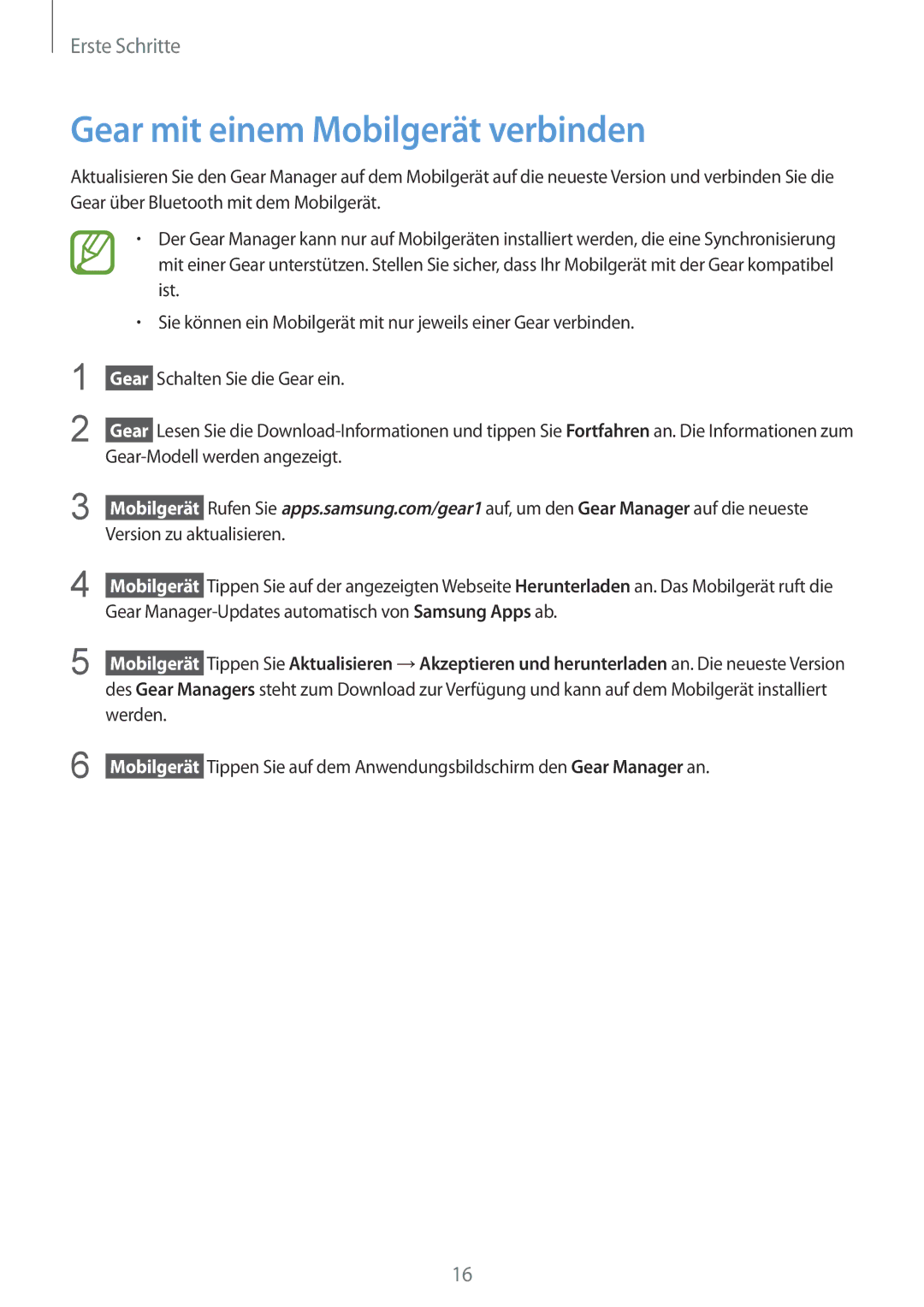 Samsung SM-V7000ZAATUR, SM-V7000ZOATUR, SM-V7000ZAADBT manual Gear mit einem Mobilgerät verbinden, Schalten Sie die Gear ein 