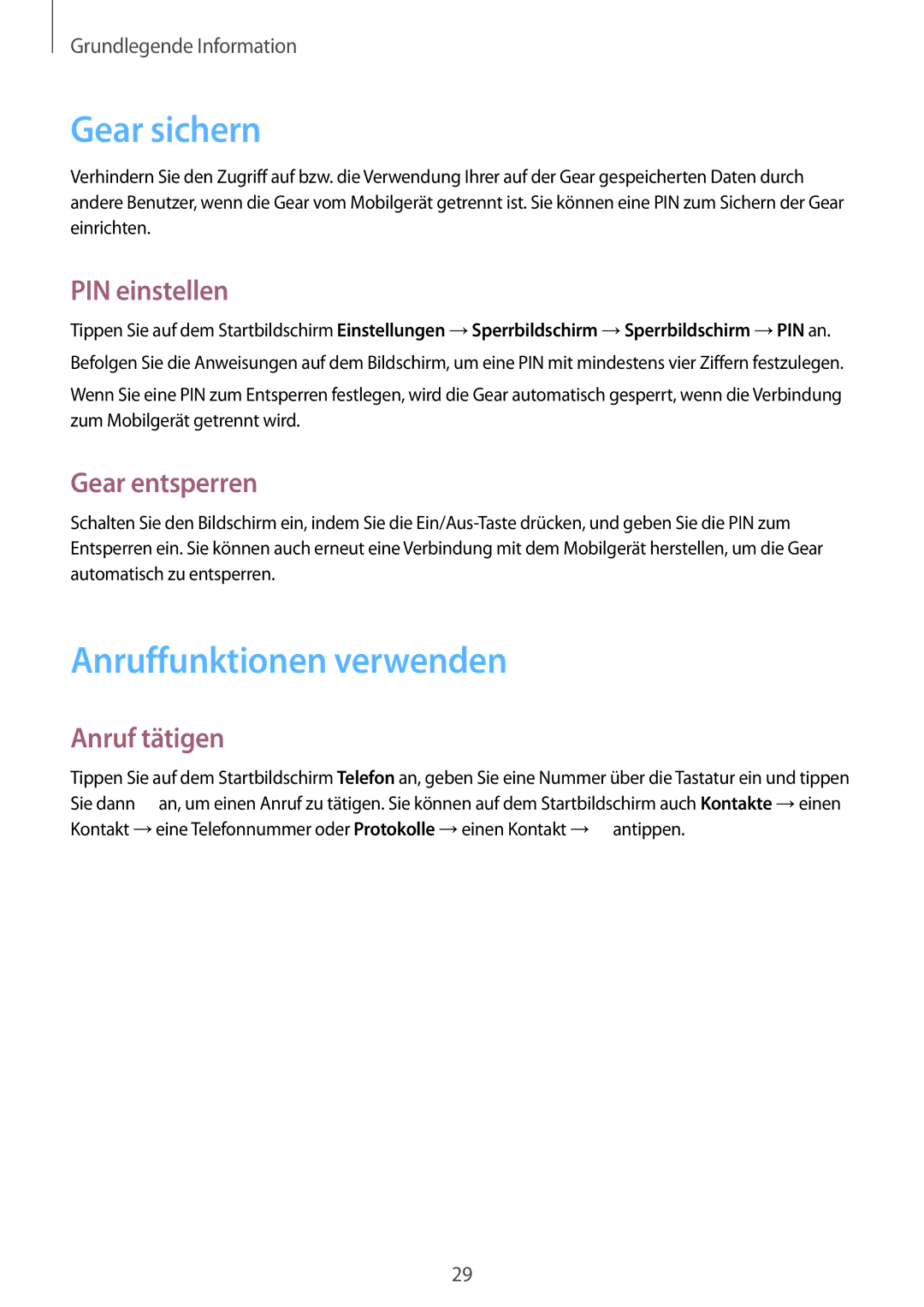 Samsung SM-V7000ZKAXEO manual Gear sichern, Anruffunktionen verwenden, PIN einstellen, Gear entsperren, Anruf tätigen 