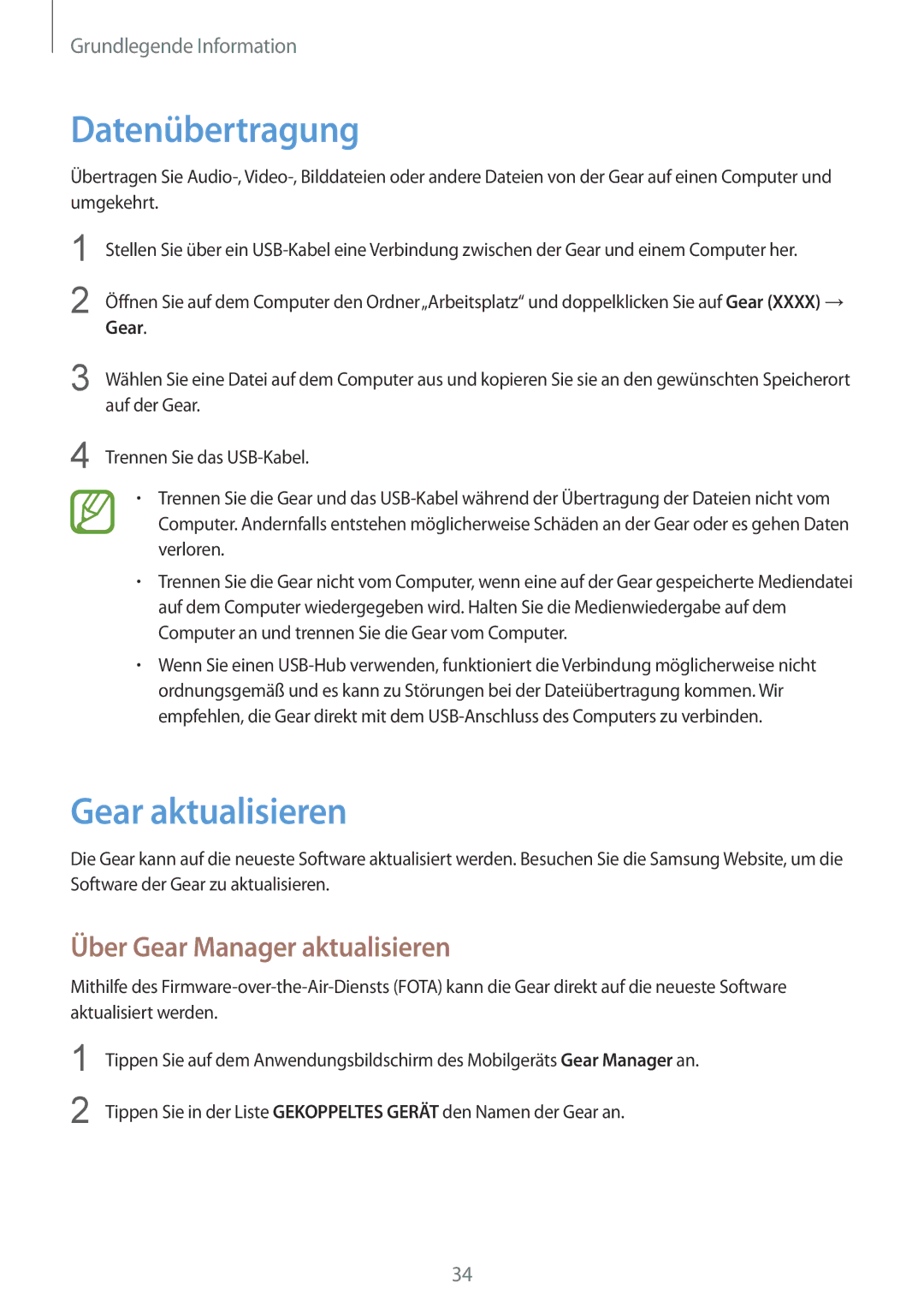 Samsung SM-V7000ZKAEUR, SM-V7000ZOATUR manual Datenübertragung, Gear aktualisieren, Über Gear Manager aktualisieren 