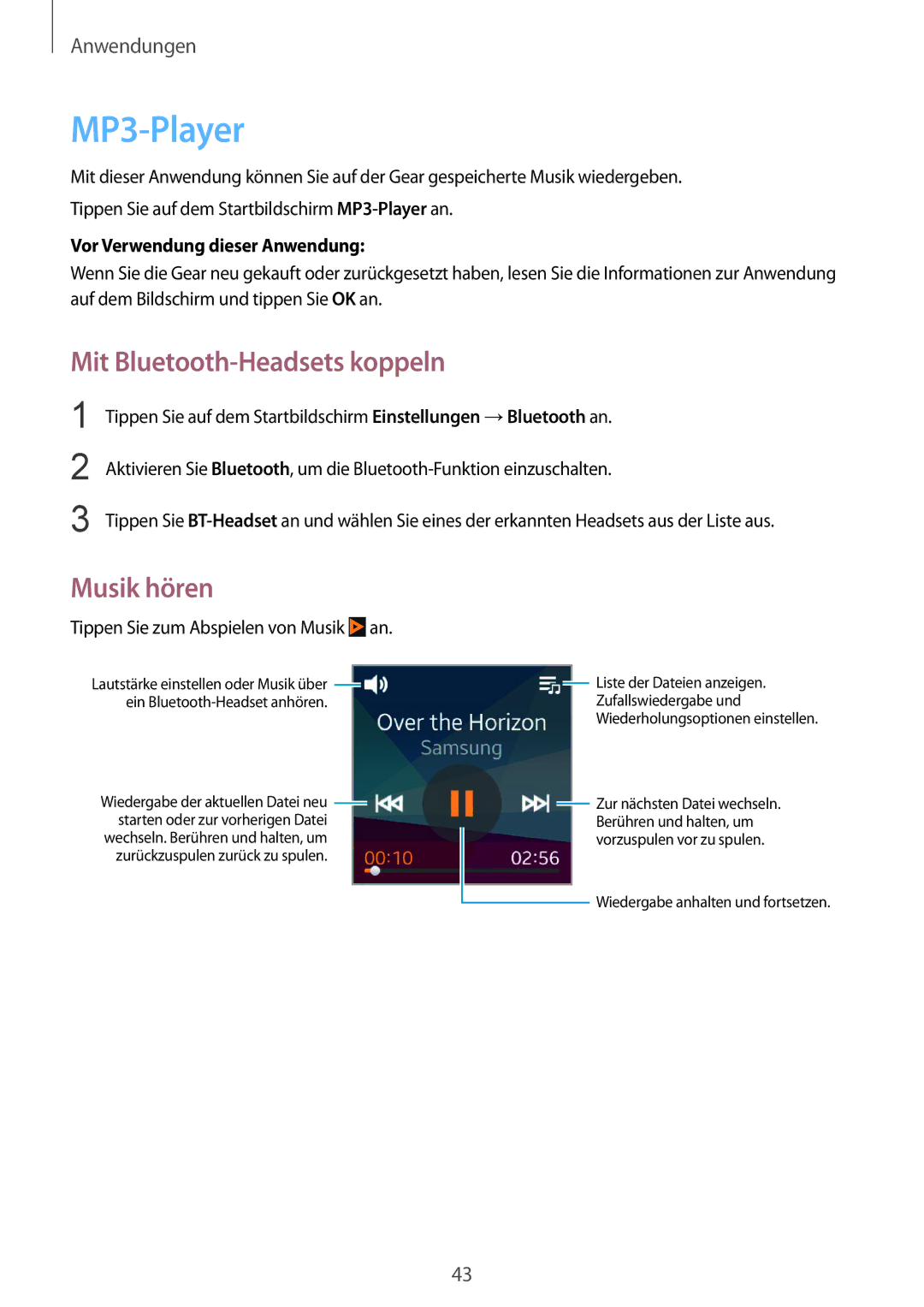 Samsung SM-V7000ZKABTU manual MP3-Player, Mit Bluetooth-Headsets koppeln, Musik hören, Vor Verwendung dieser Anwendung 