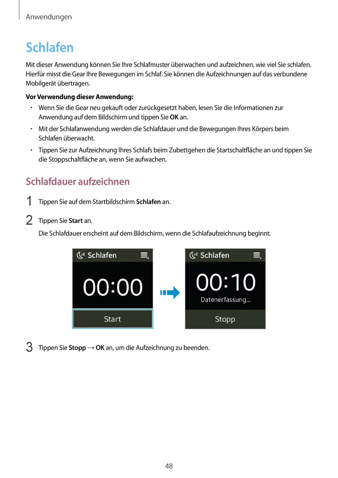 Samsung SM-V7000ZWAXEF, SM-V7000ZOATUR, SM-V7000ZAADBT, SM-V7000ZWADBT, SM-V7000ZGADBT manual Schlafen, Schlafdauer aufzeichnen 