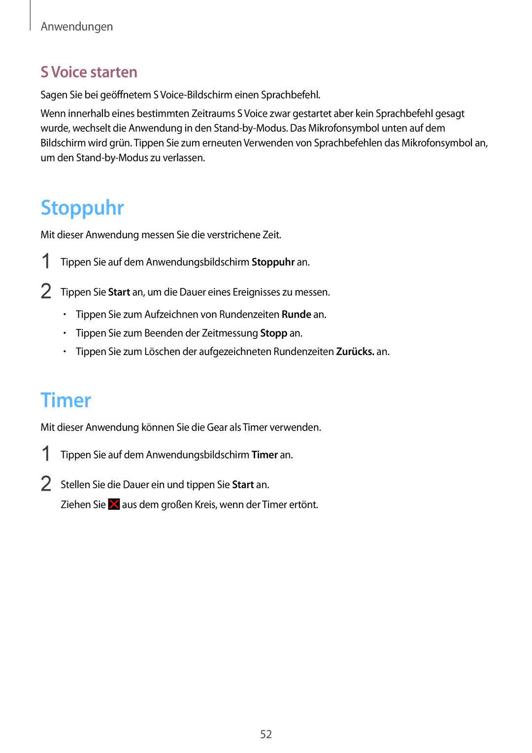 Samsung SM-V7000ZWADBT, SM-V7000ZOATUR, SM-V7000ZAADBT, SM-V7000ZGADBT, SM-V7000ZKAXEO manual Stoppuhr, Timer, Voice starten 