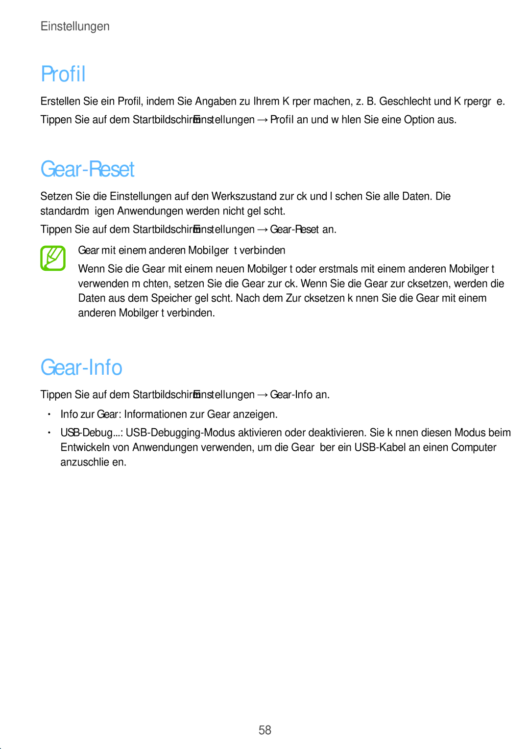 Samsung SM-V7000ZOATPH, SM-V7000ZOATUR, SM-V7000ZAADBT, SM-V7000ZWADBT, SM-V7000ZGADBT manual Profil, Gear-Reset, Gear-Info 