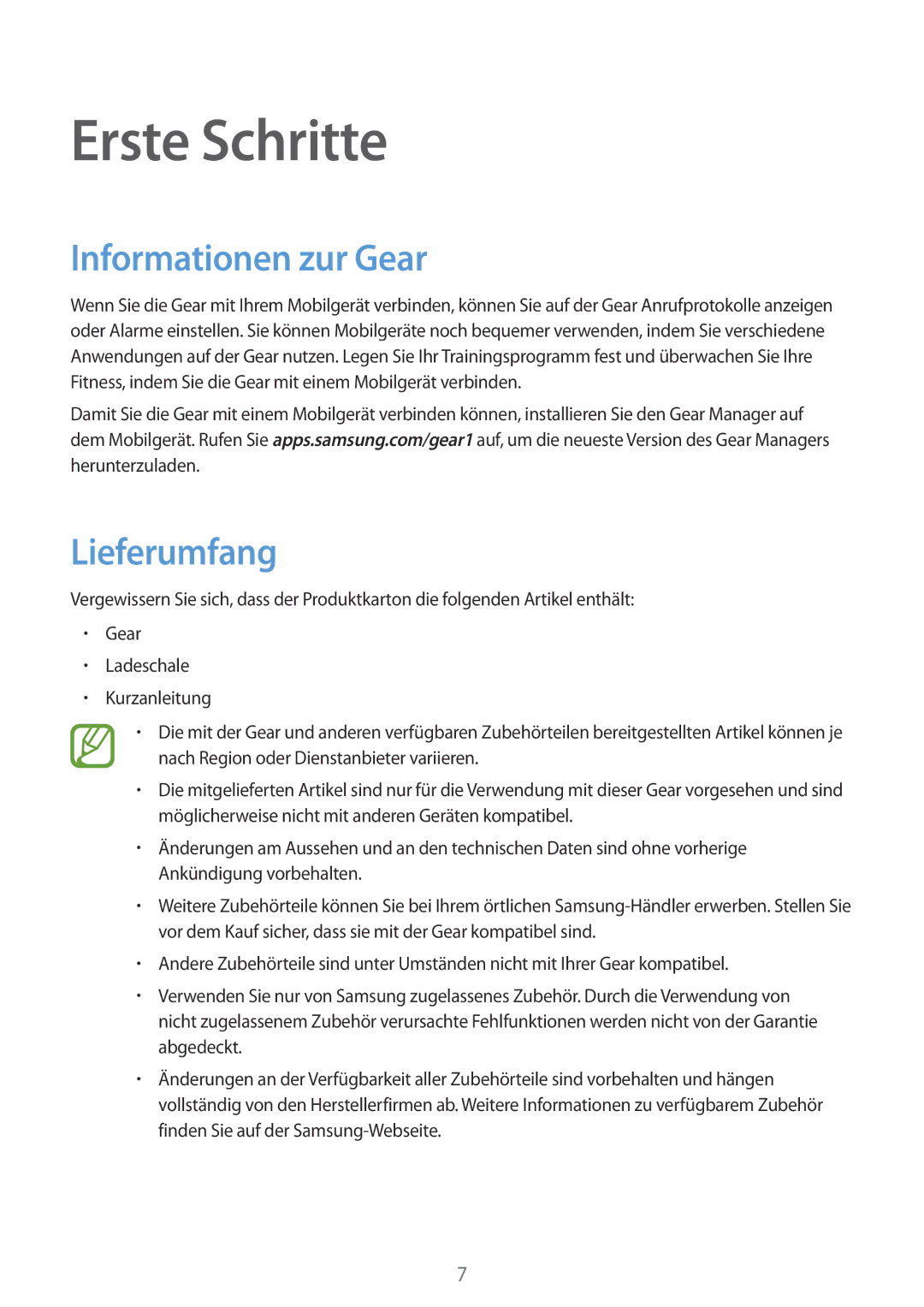 Samsung SM-V7000WDATUR, SM-V7000ZOATUR, SM-V7000ZAADBT, SM-V7000ZWADBT Erste Schritte, Informationen zur Gear, Lieferumfang 