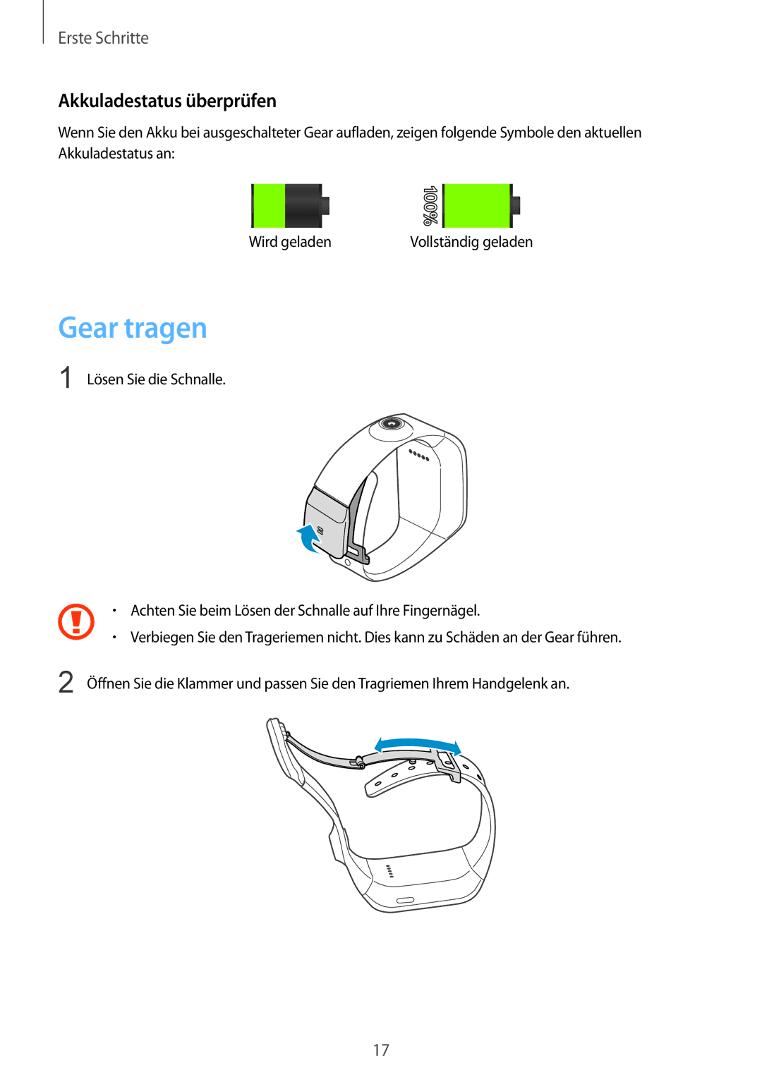 Samsung SM-V7000ZOADBT, SM-V7000ZOATUR, SM-V7000ZAADBT, SM-V7000ZWADBT, SM-V7000ZGADBT Gear tragen, Akkuladestatus überprüfen 