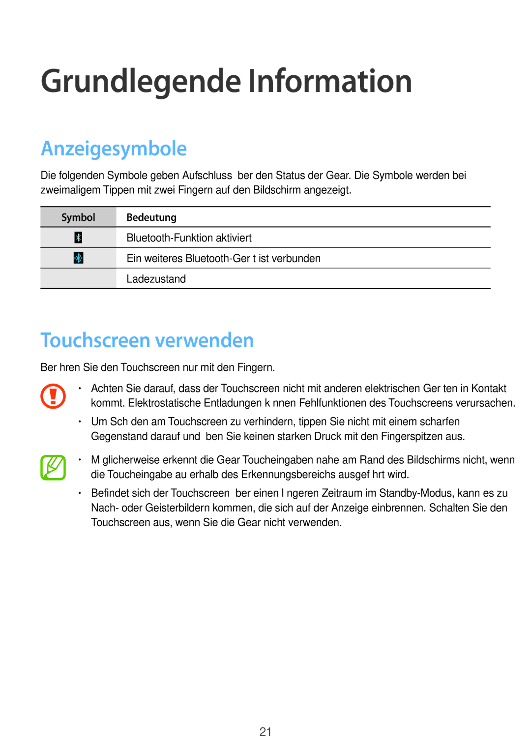 Samsung SM-V7000ZKADBT, SM-V7000ZOATUR, SM-V7000ZAADBT manual Grundlegende Information, Anzeigesymbole, Touchscreen verwenden 