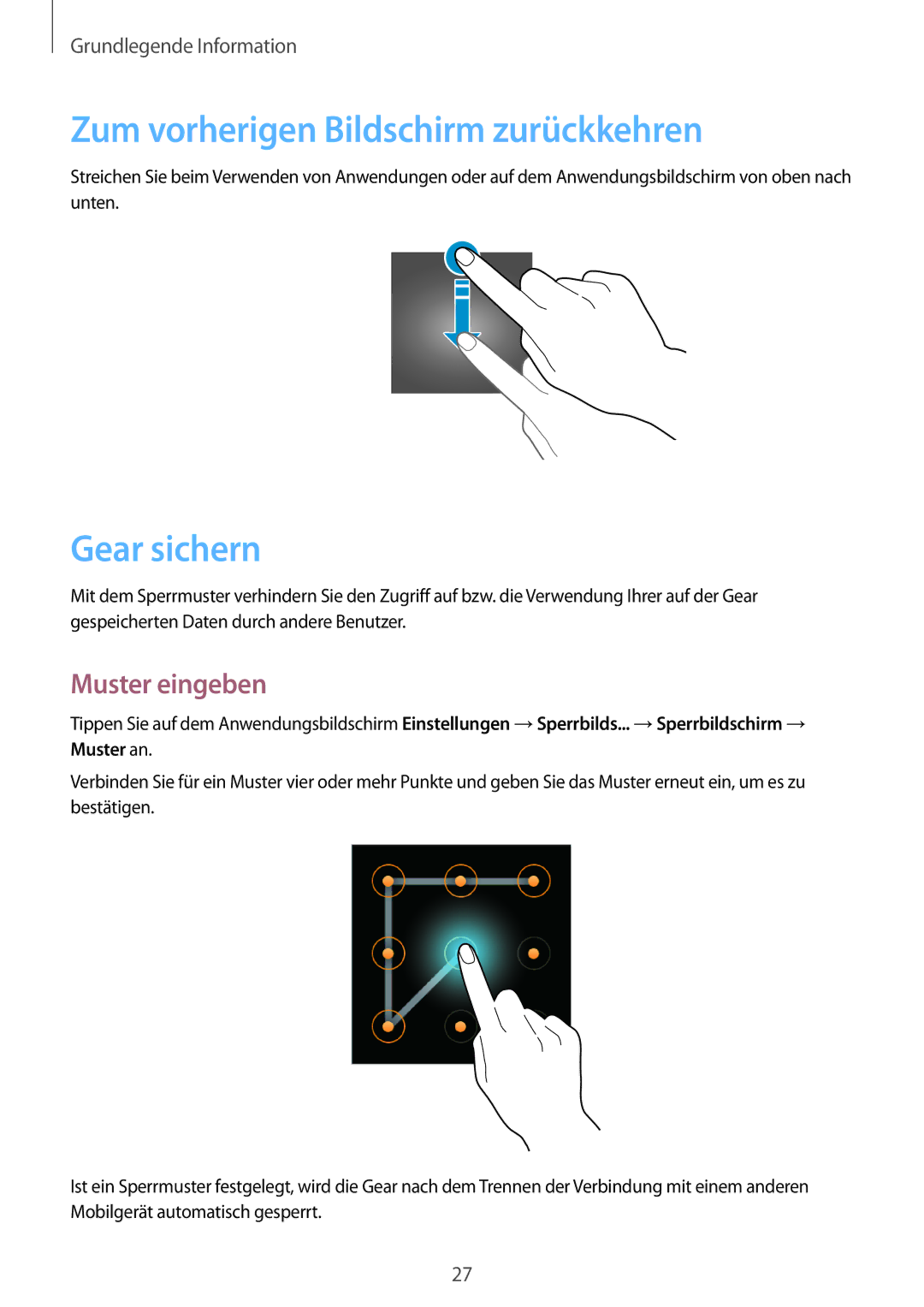 Samsung SM-V7000ZWADBT, SM-V7000ZOATUR manual Zum vorherigen Bildschirm zurückkehren, Gear sichern, Muster eingeben 