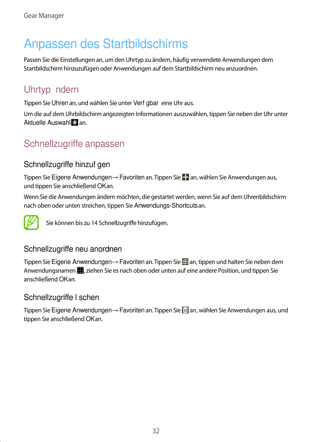 Samsung SM-V7000WDATUR, SM-V7000ZOATUR manual Anpassen des Startbildschirms, Uhrtyp ändern, Schnellzugriffe anpassen 