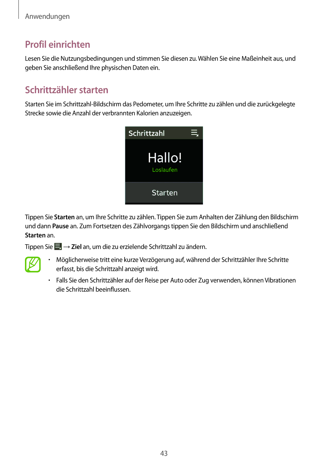 Samsung SM-V7000ZKABTU, SM-V7000ZOATUR, SM-V7000ZAADBT, SM-V7000ZWADBT manual Profil einrichten, Schrittzähler starten 