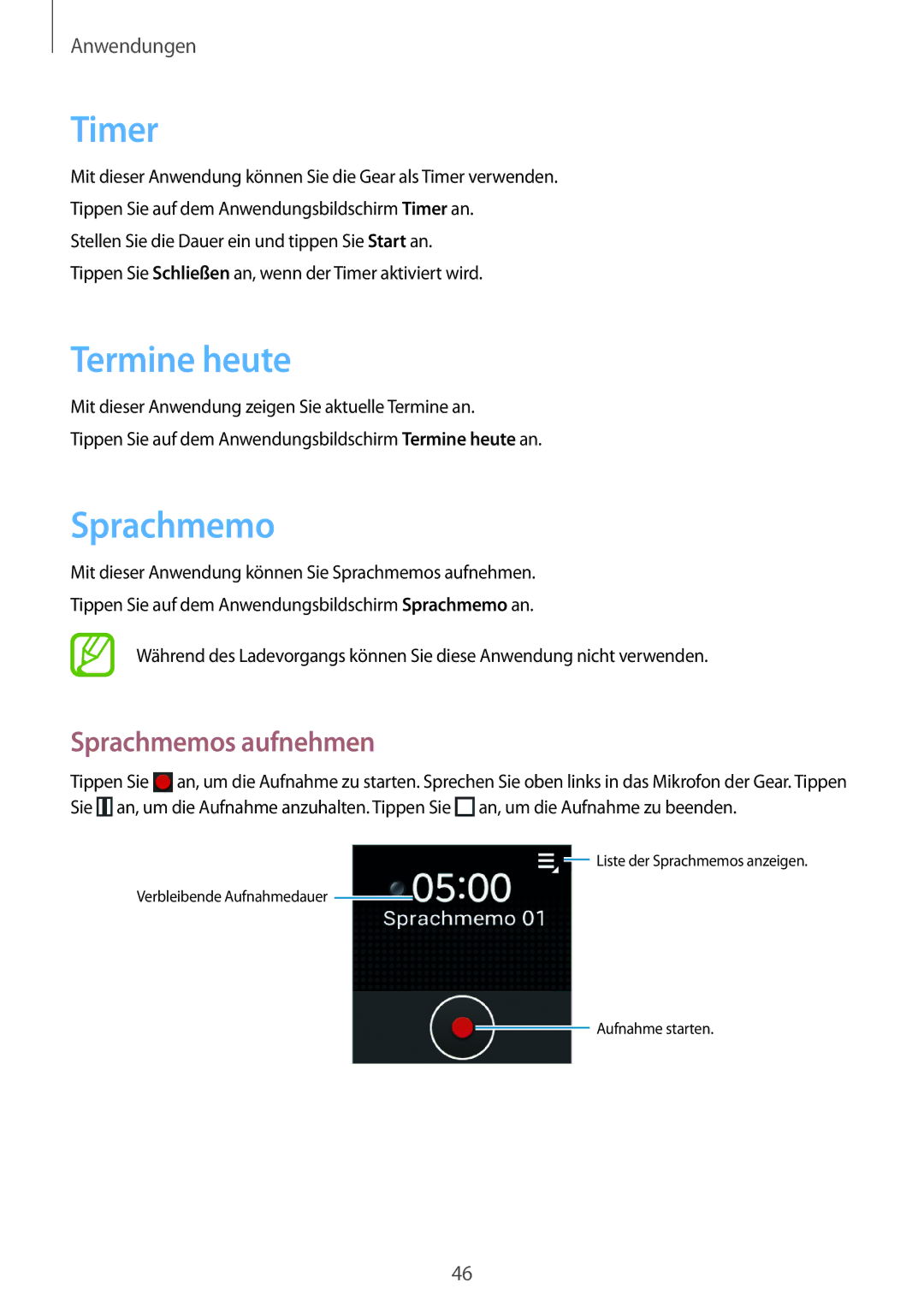 Samsung SM-V7000ZKADBT, SM-V7000ZOATUR, SM-V7000ZAADBT, SM-V7000ZWADBT manual Timer, Termine heute, Sprachmemos aufnehmen 