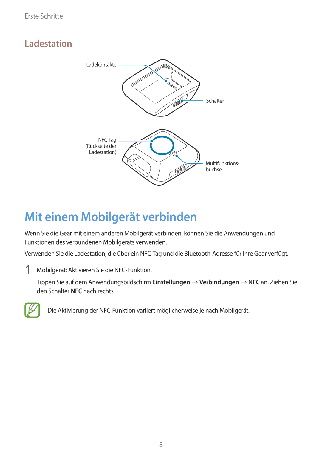 Samsung SM-V7000ZOATPH, SM-V7000ZOATUR, SM-V7000ZAADBT, SM-V7000ZWADBT manual Mit einem Mobilgerät verbinden, Ladestation 