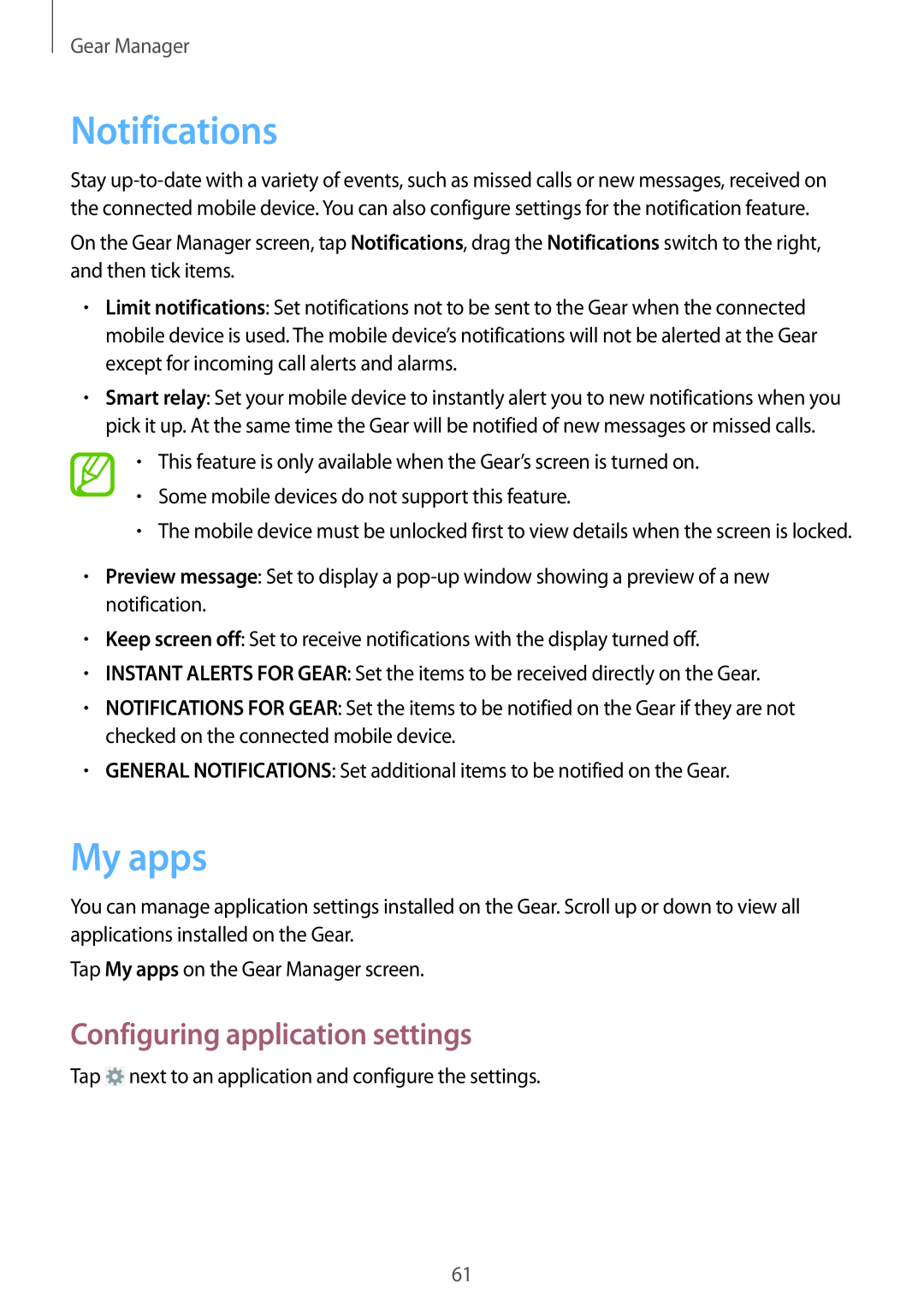 Samsung SM-V7000ZWABGL, SM-V7000ZOATUR manual My apps, Configuring application settings, Notifications, Gear Manager 