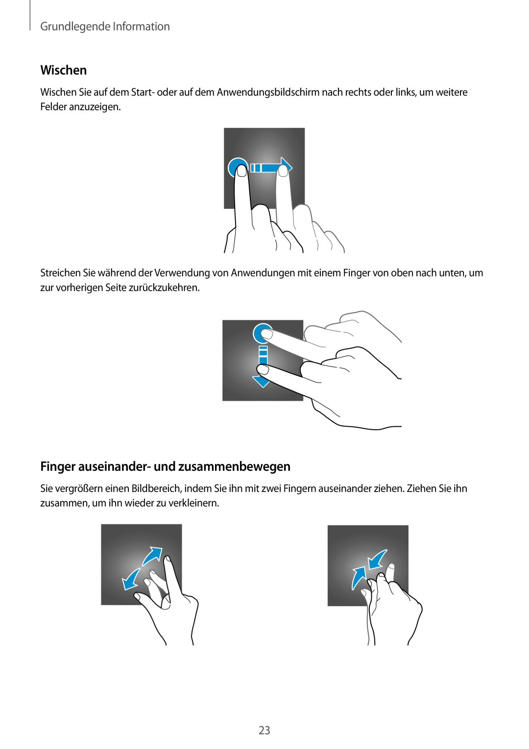 Samsung SM-V7000ZWAXEF, SM-V7000ZOATUR manual Wischen, Finger auseinander- und zusammenbewegen, Grundlegende Information 