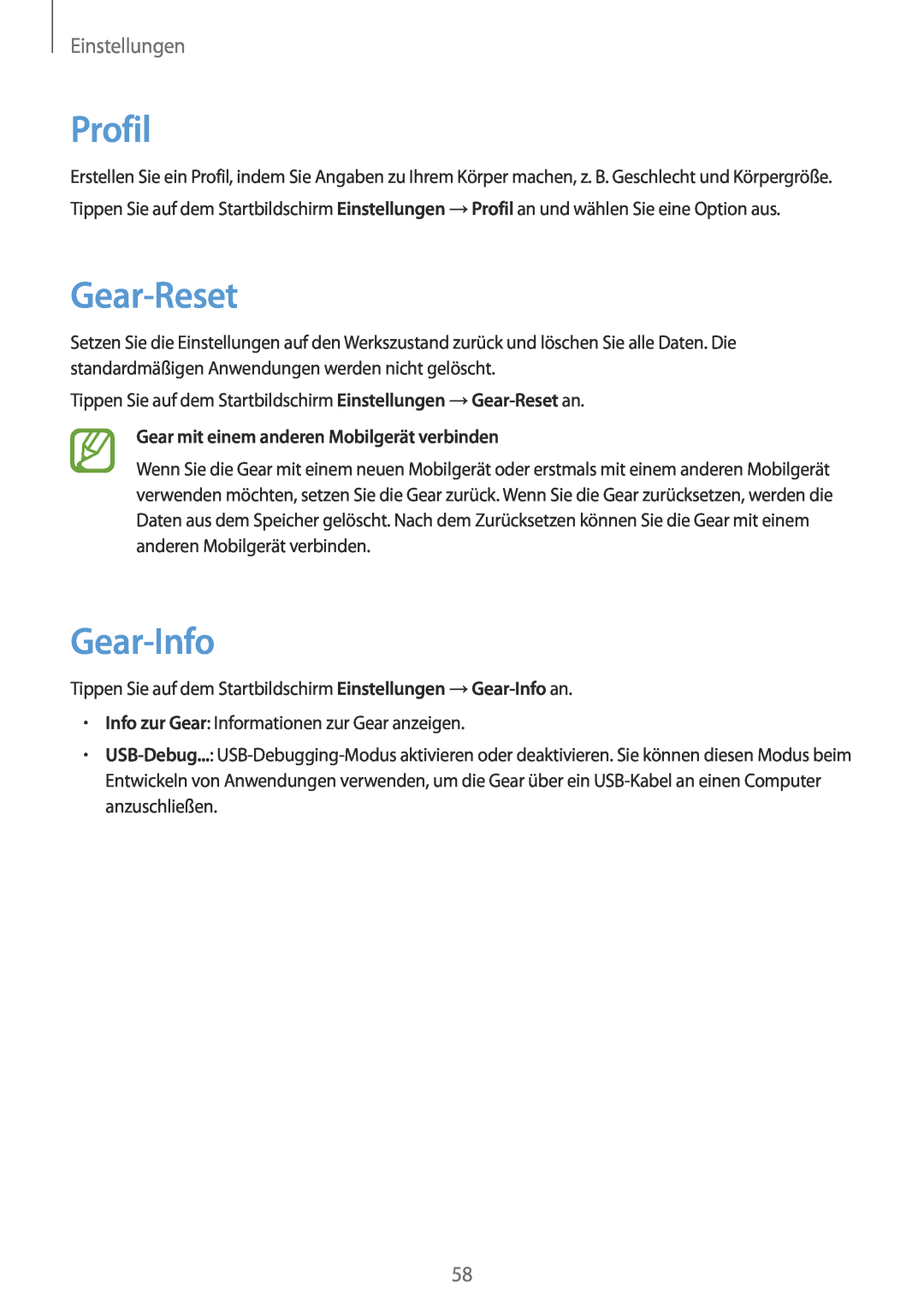 Samsung SM-V7000ZOATPH, SM-V7000ZOATUR, SM-V7000ZAADBT, SM-V7000ZWADBT manual Profil, Gear-Reset, Gear-Info, Einstellungen 