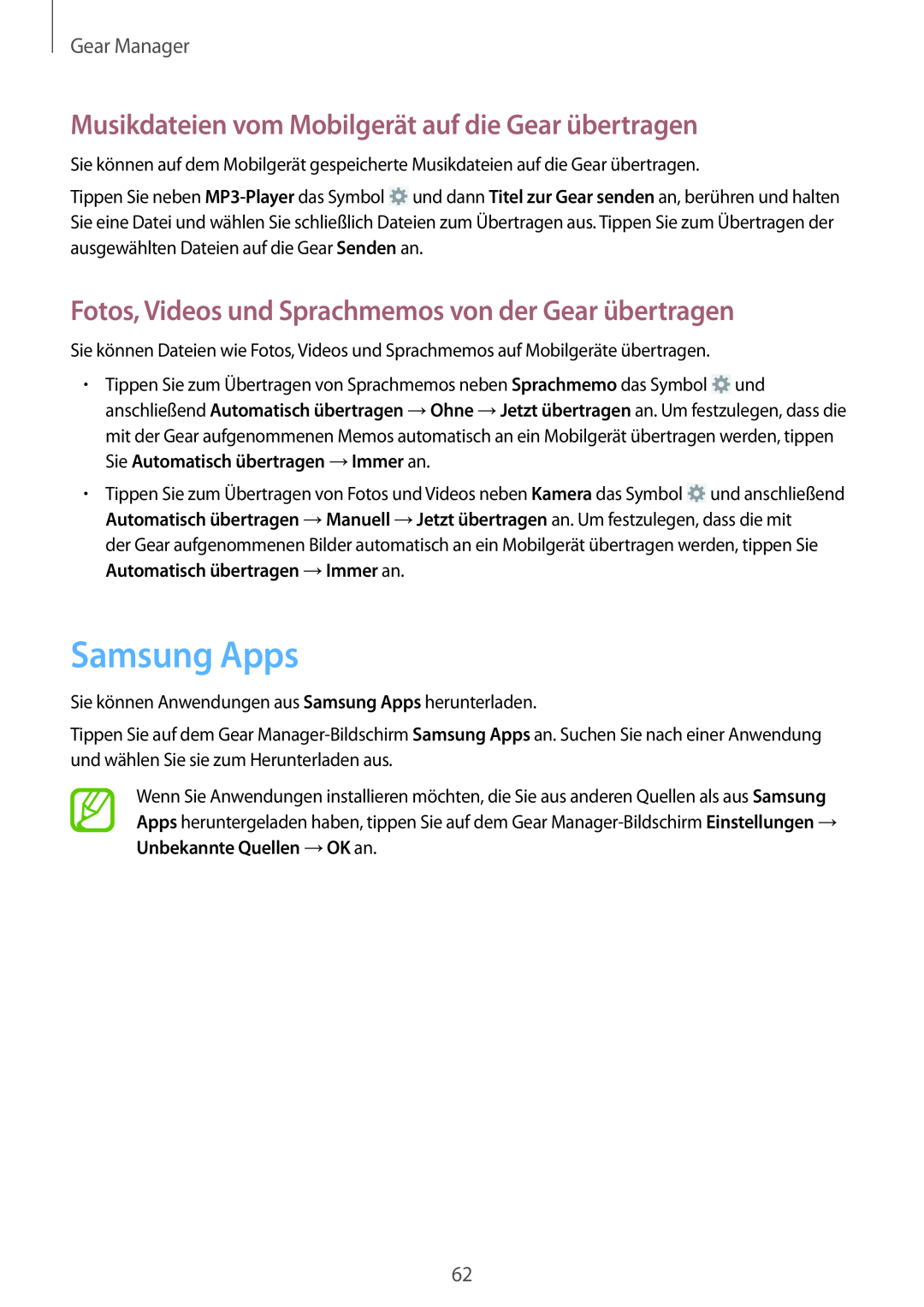 Samsung SM-V7000ZWATUR, SM-V7000ZOATUR Samsung Apps, Musikdateien vom Mobilgerät auf die Gear übertragen, Gear Manager 