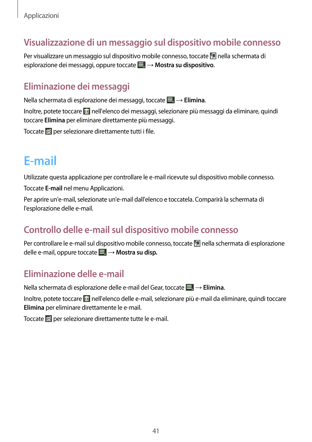 Samsung SM-V7000WDATUR manual Mail, Eliminazione dei messaggi, Controllo delle e-mail sul dispositivo mobile connesso 