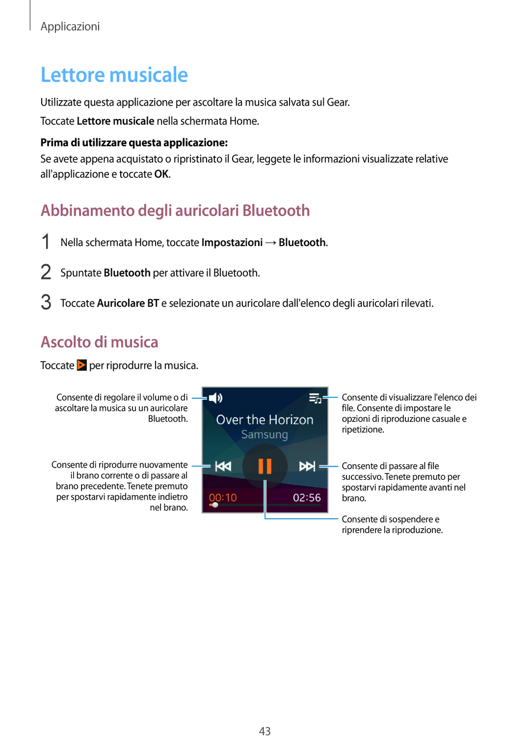 Samsung SM-V7000ZWATUR, SM-V7000ZOATUR manual Lettore musicale, Abbinamento degli auricolari Bluetooth, Ascolto di musica 