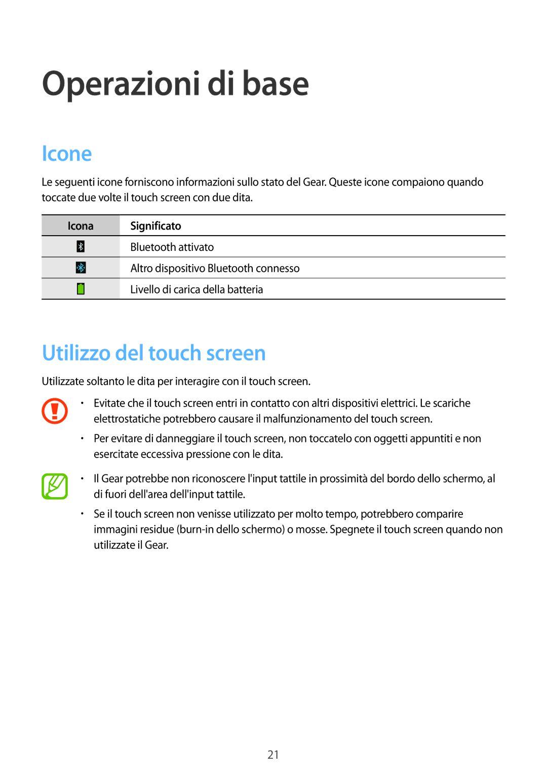 Samsung SM-V7000ZKAXEO, SM-V7000ZOATUR, SM-V7000ZWADBT, SM-V7000ZGADBT Operazioni di base, Icone, Utilizzo del touch screen 