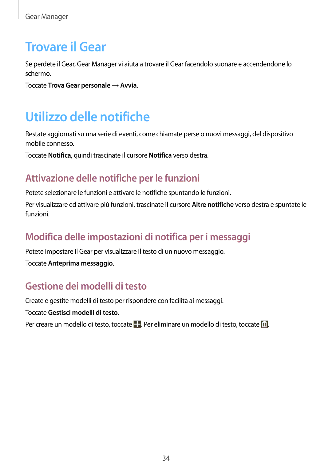 Samsung SM-V7000WDAITV manual Trovare il Gear, Utilizzo delle notifiche, Attivazione delle notifiche per le funzioni 