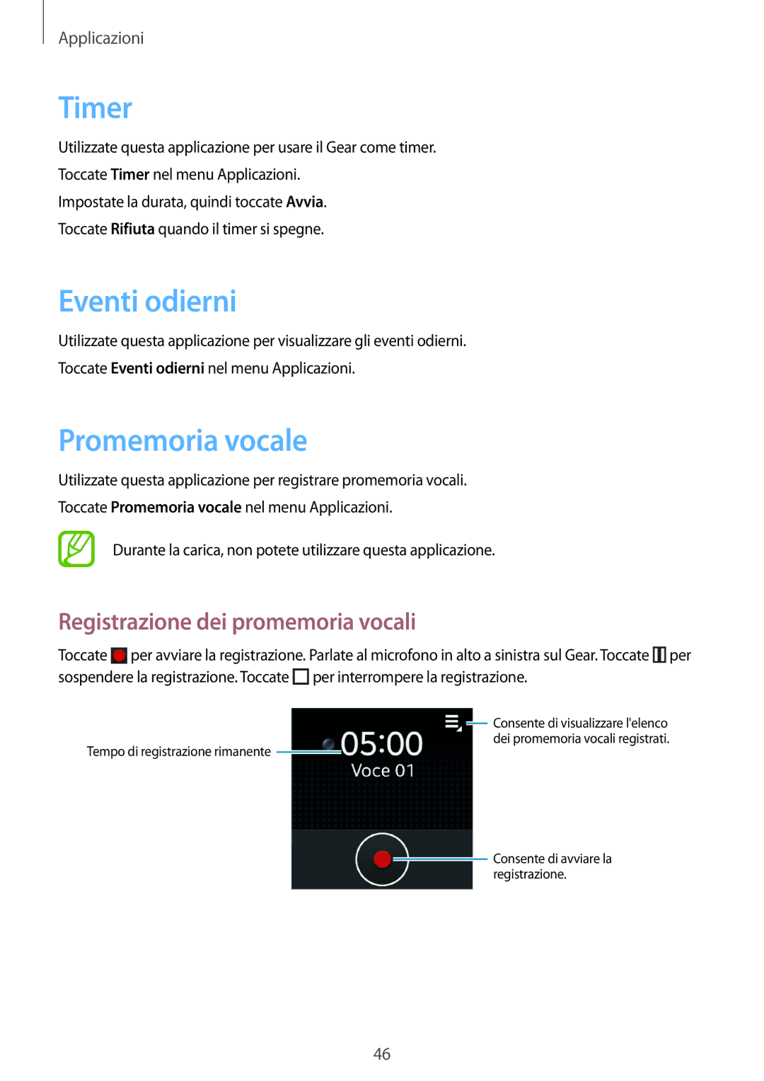 Samsung SM-V7000ZOAITV, SM-V7000ZOATUR manual Timer, Eventi odierni, Promemoria vocale, Registrazione dei promemoria vocali 