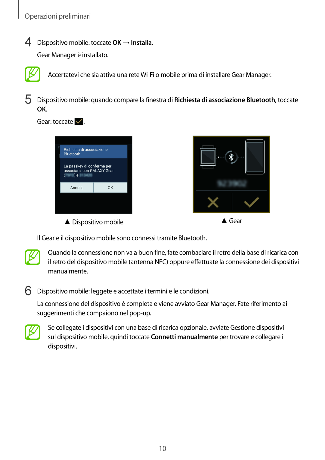Samsung SM-V7000ZOAITV manual Operazioni preliminari, Dispositivo mobile toccate OK →Installa. Gear Manager è installato 