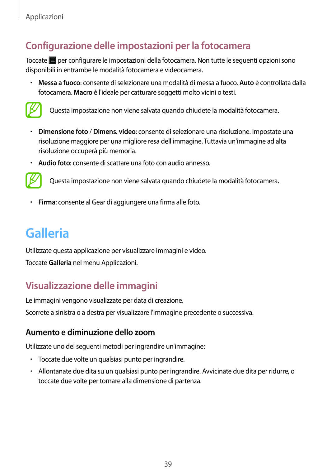 Samsung SM-V7000ZKAXEO manual Galleria, Configurazione delle impostazioni per la fotocamera, Visualizzazione delle immagini 