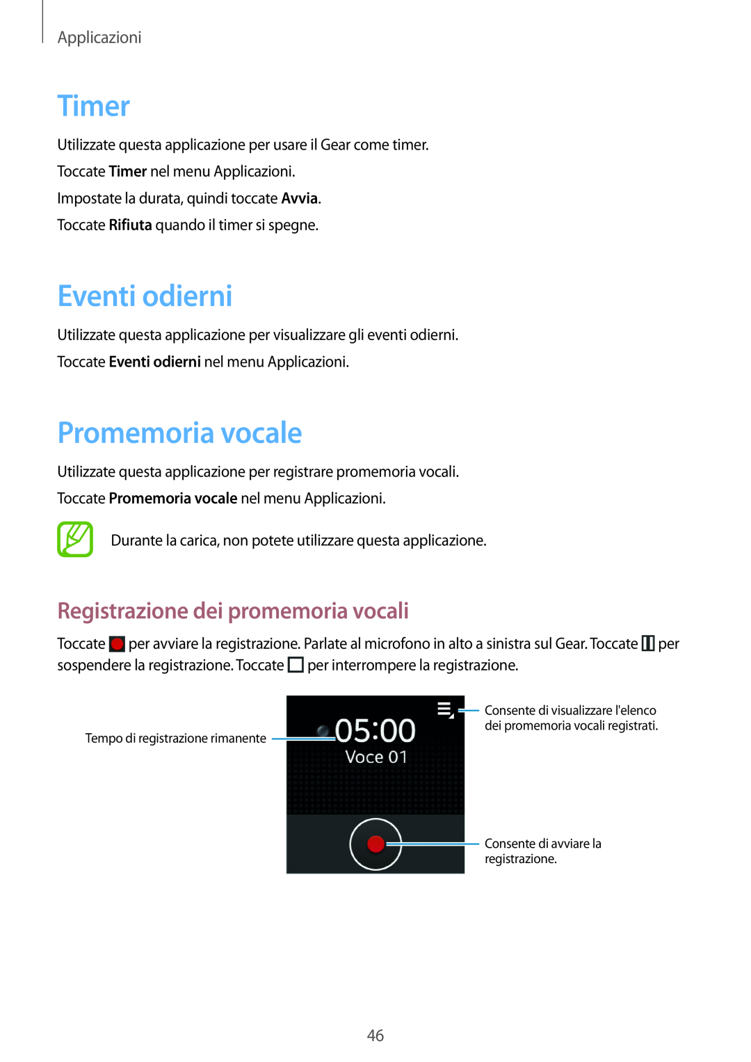 Samsung SM-V7000ZOAITV manual Timer, Eventi odierni, Promemoria vocale, Registrazione dei promemoria vocali, Applicazioni 