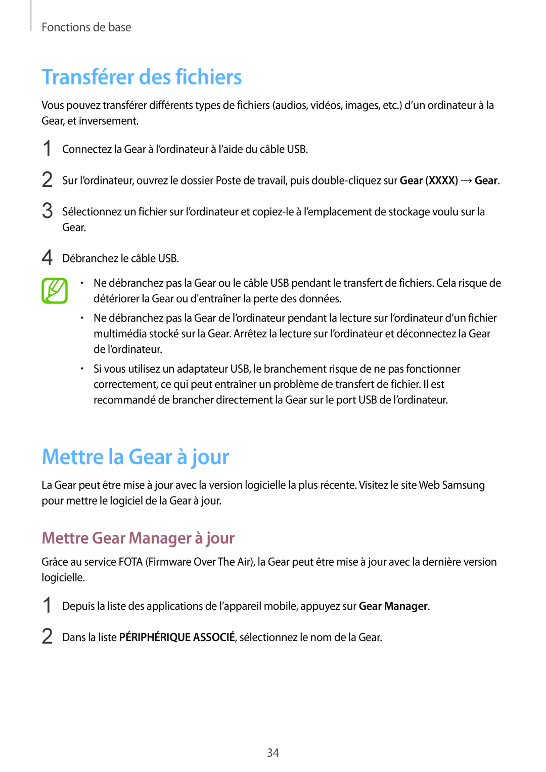 Samsung SM-V7000ZKAXEF, SM-V7000ZOAXEF manual Transférer des fichiers, Mettre la Gear à jour, Mettre Gear Manager à jour 